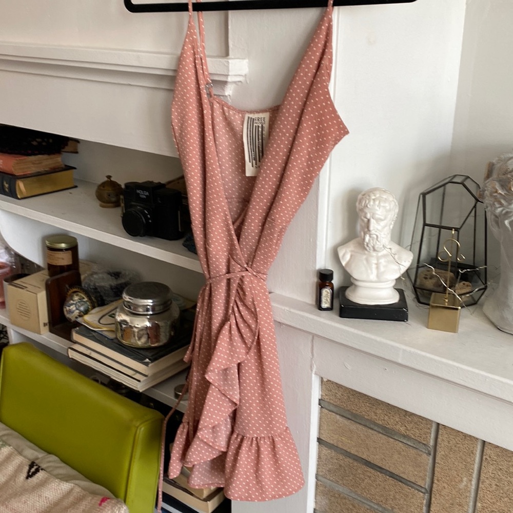 RARE 🌟Free People Polka Dot Ruffle Wrap Mini Dress in PINK - Size Small - Picture 3 of 6